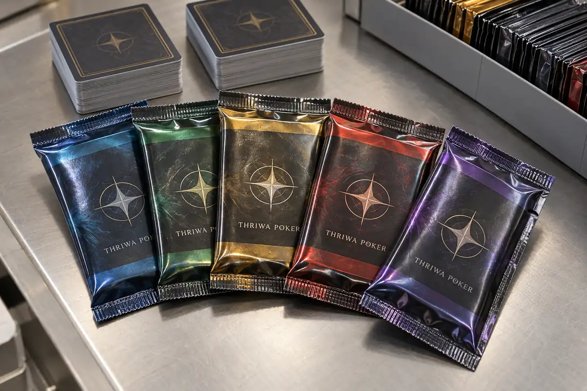 Cinco sobres booster TCG sellados con envoltorios de foil codificados por color, bordes termosellados y cartas preparadas para el colacionado por rareza