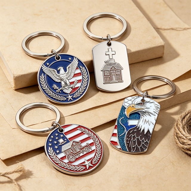 Custom Metal Keychain for USA 250th Anniversary Zinc Alloy 3D Relief Eagle Keyring Soft Enamel Glitter Key Chain Low MOQ