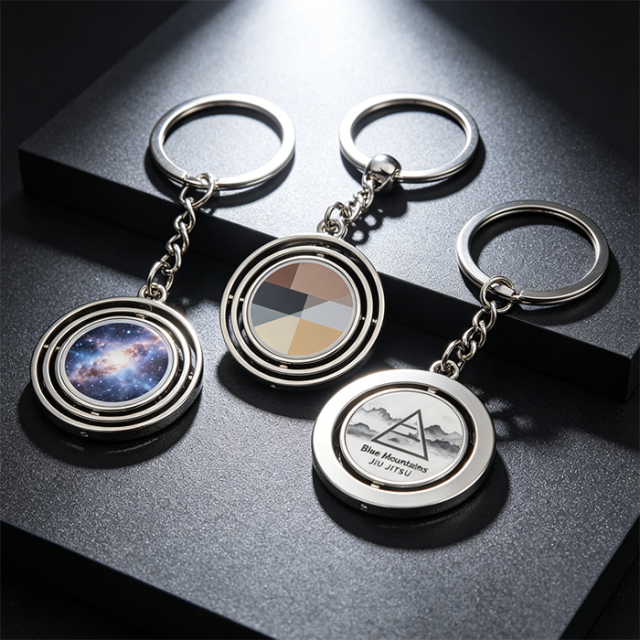Custom Logo Rotating Metal Keychain Zinc Alloy Spinning Keyring with Double Sided Print Personalized Promotional Gift Low MOQ