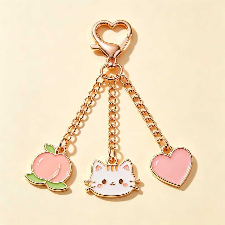 Custom Cute Enamel Keychain Bear Fruit Bow Charm Heart Clasp Gold Pendant Gift