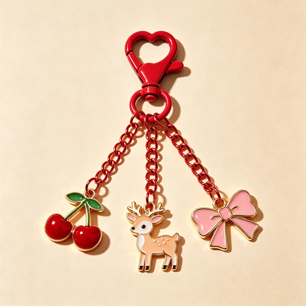 Custom Cute Enamel Keychain Bear Fruit Bow Charm Heart Clasp Gold Pendant Gift