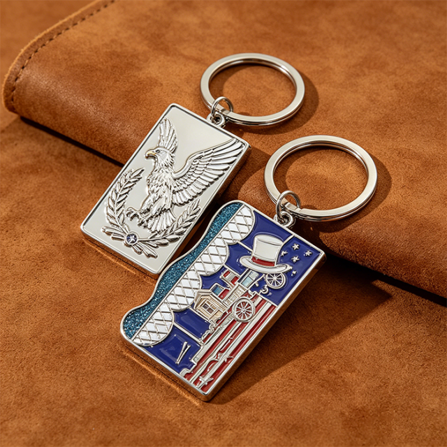 Custom Metal Keychain for USA 250th Anniversary Zinc Alloy 3D Relief Eagle Keyring Soft Enamel Glitter Key Chain Low MOQ