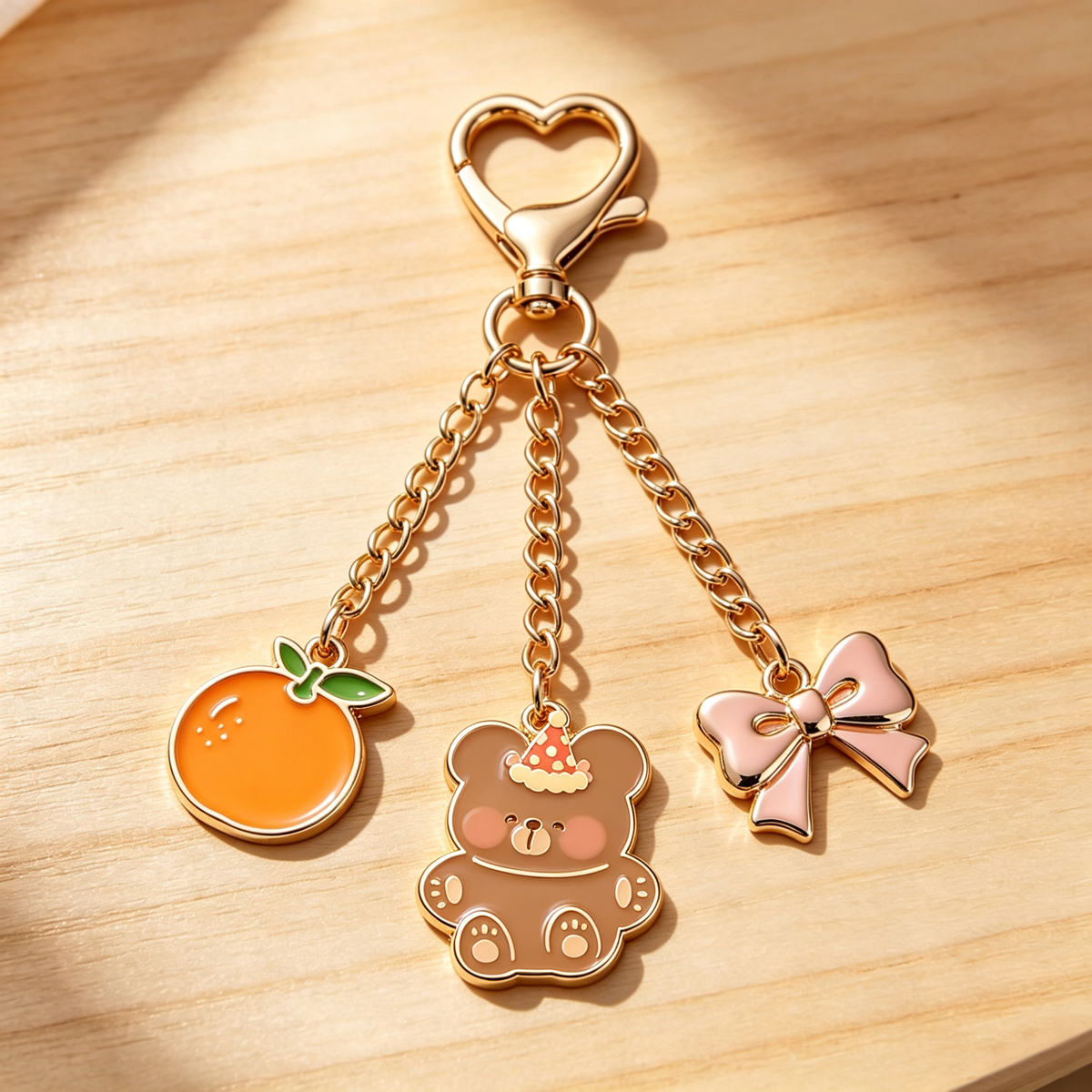 Custom Cute Enamel Keychain Bear Fruit Bow Charm Heart Clasp Gold Pendant Gift