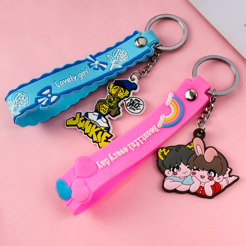 Cute Bracelet Wristlet Strap Keychain Custom logo Free Samples Custom Rubber Key Chains with logo