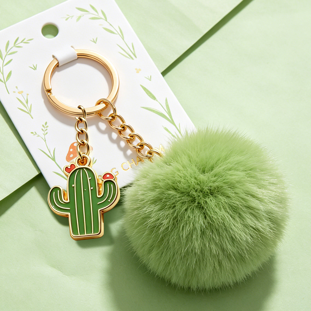 Wholesale Factory Multi Colors Fur Ball Cute Puff Key Ring Pompom Metal Charm Plush Keychain for Women