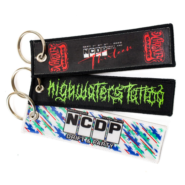 Free Custom Fabric Brand Key Ring Embroidered Double Sided logo Personalize Jet Tag Woven Printed Embroidery Keychain