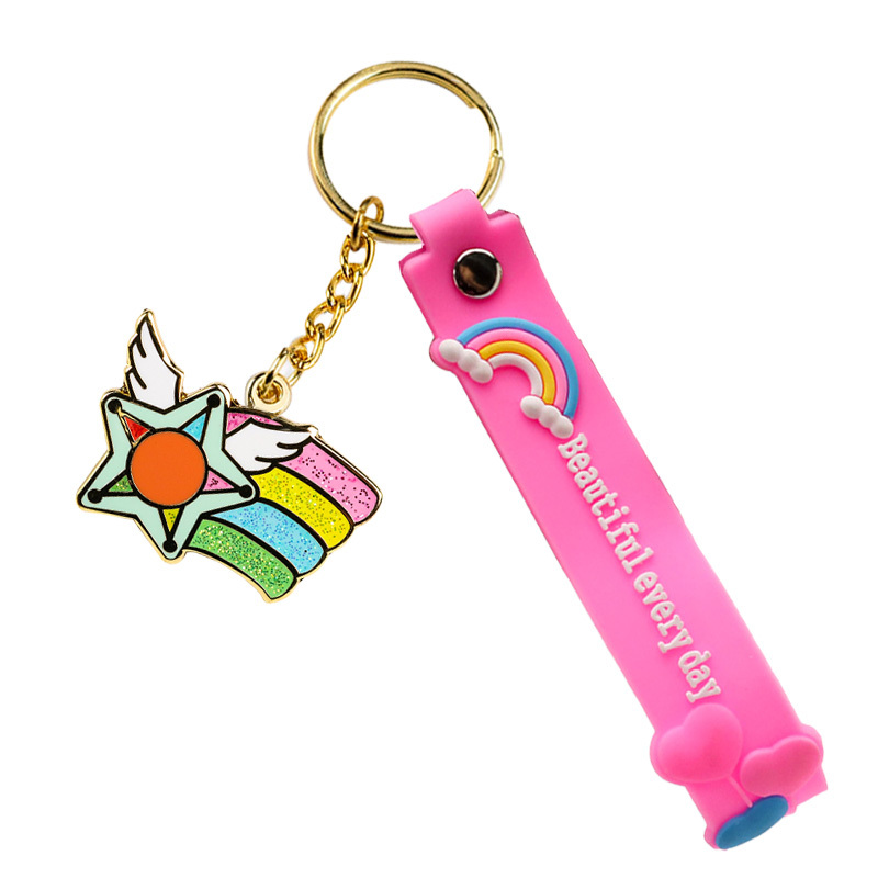 Custom Designer rainbow Silicone Wristlet Keychain Luxury Key Ring Wristlet Rubber Key Chains with Metal Keychain Pendant