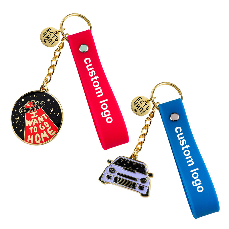 Custom Cute Silicone Pvc Key Chain Ring Holder Wristlet Keychain with Metal Pendant Charm