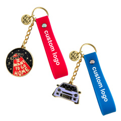Custom Cute Silicone Pvc Key Chain Ring Holder Wristlet Keychain with Metal Pendant Charm