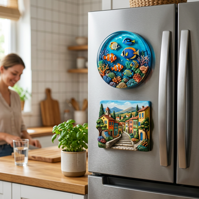 Design Ocean Beach Scene Layered Resin Refrigerator Magnets Real Sand 3D Wave Effect Handmade for Coastal Tourism Retail