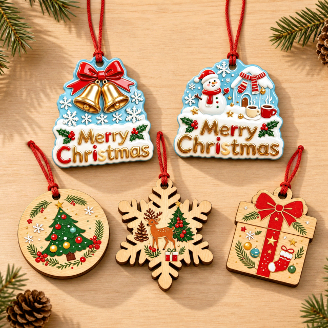 Wholesale Custom Printing Double Side Christmas Decoration White Wood Ornaments with Red Hanging Thread,MY SHOP,Wholesale Custom Printing Double Side Christmas Decoration White Wood Ornaments with Red Hanging Thread