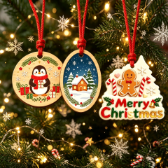 Wholesale Custom Printing Double Side Christmas Decoration White Wood Ornaments with Red Hanging Thread,MY SHOP,Wholesale Custom Printing Double Side Christmas Decoration White Wood Ornaments with Red Hanging Thread