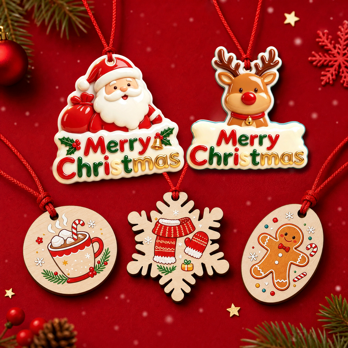 Wholesale Custom Printing Double Side Christmas Decoration White Wood Ornaments with Red Hanging Thread,MY SHOP,Wholesale Custom Printing Double Side Christmas Decoration White Wood Ornaments with Red Hanging Thread
