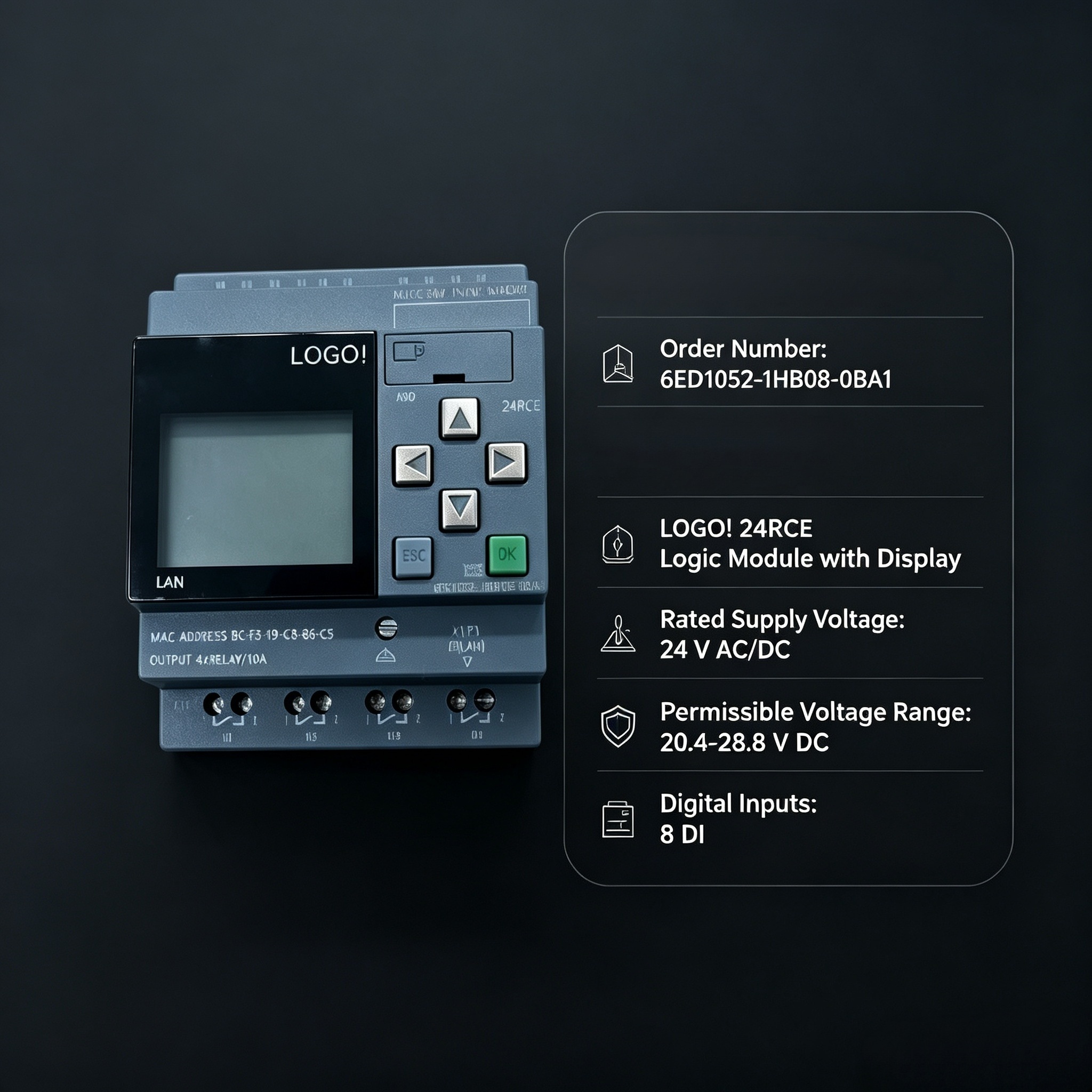 6ED1052-1HB08-0BA1 PLC Module LOGO 24RCE Logic Module 8DI/4DO 24V AC/DC Industrial Controller