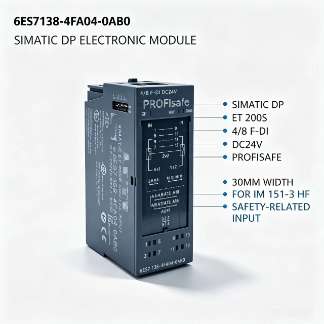 6ES7138-4FA04-0AB0,6ES7 138-4FA04-0AB0 for Siemens PLC,ET200S PROFIsafe F-DI Module,4/8 Safety Input 24VDC,30mm Width
