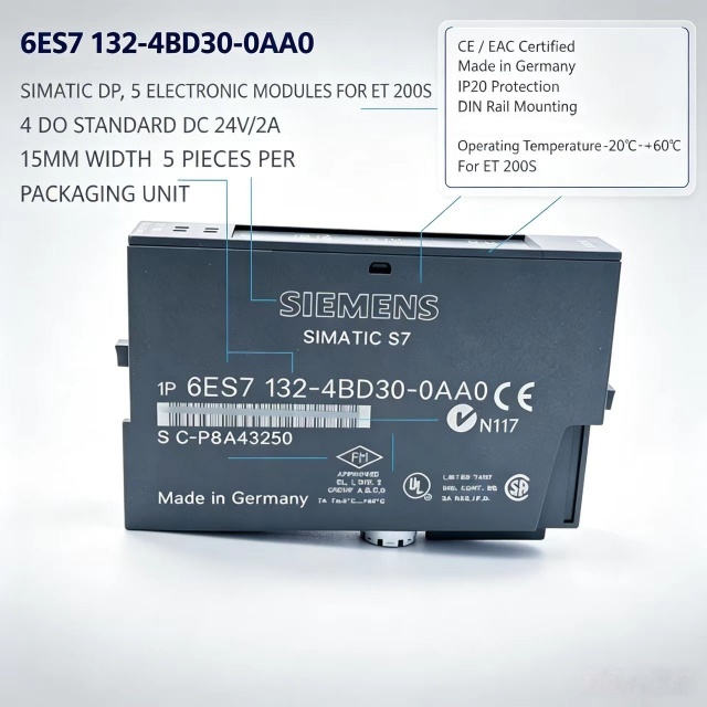 6ES7132-4BD30-0AA0,6ES7 132-4BD30-0AA0 for Siemens PLC ET200S 4DO Standard Digital Output Module,24VDC,15mm Width,5PCS Per Pack
