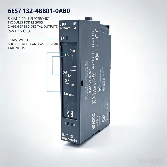 6ES7132-4BB01-0AB0,6ES7 132-4BB01-0AB0 for Siemens PLC,ET200S Digital Output Module,2XDO 24VDC/0.5A,15mm Width,5 Pieces Per Pack
