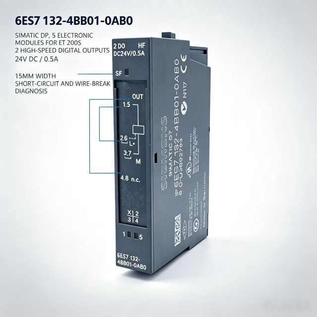 6ES7132-4BB01-0AB0,6ES7 132-4BB01-0AB0 for Siemens PLC,ET200S Digital Output Module,2XDO 24VDC/0.5A,15mm Width,5 Pieces Per Pack