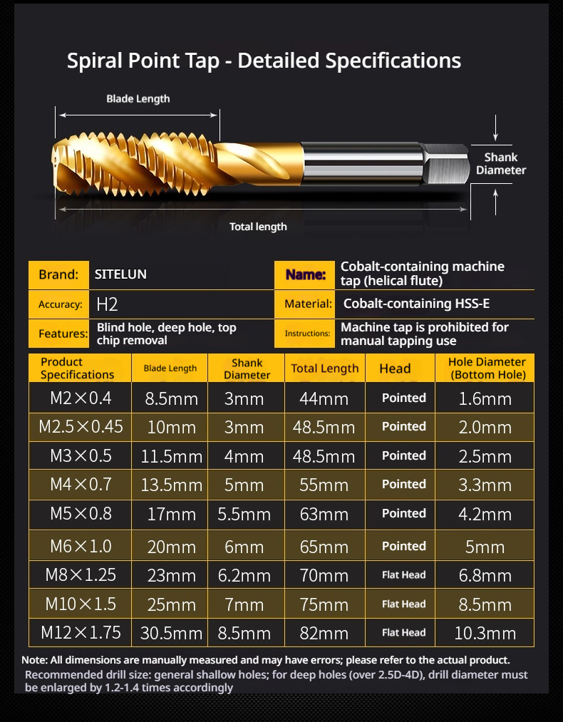 HSS Cobalt TiN Coated Spiral Flute Machine Tap | Metric Fine Thread M3-M8 | Screw Tap for Stainless Steel