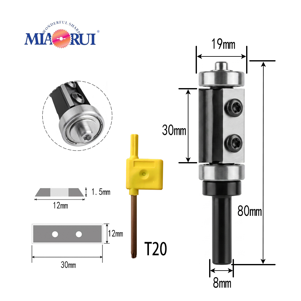Miaorui Dual Bearing Flush Trim Router Bit 8mm Shank Replaceable Blades Woodworking Trimming Cutter CNC Engraving