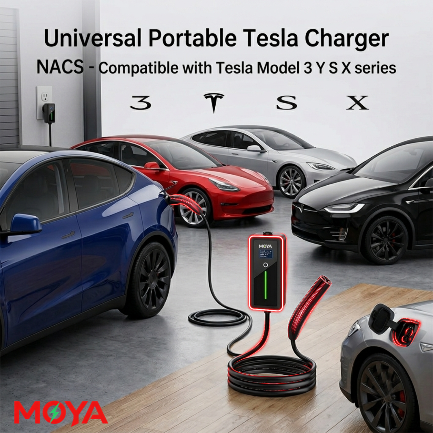 Portable Level 2 NACS EV Charger 32A 7.68kW, NEMA 14-50 Plug, 12H Delay Timer for Tesla, Ford, Rivian, GM