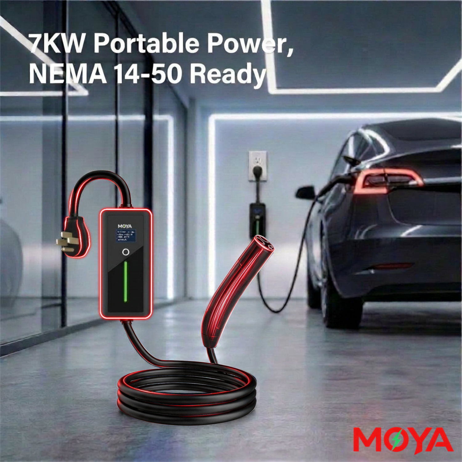 Portable Level 2 NACS EV Charger 32A 7.68kW, NEMA 14-50 Plug, 12H Delay Timer for Tesla, Ford, Rivian, GM