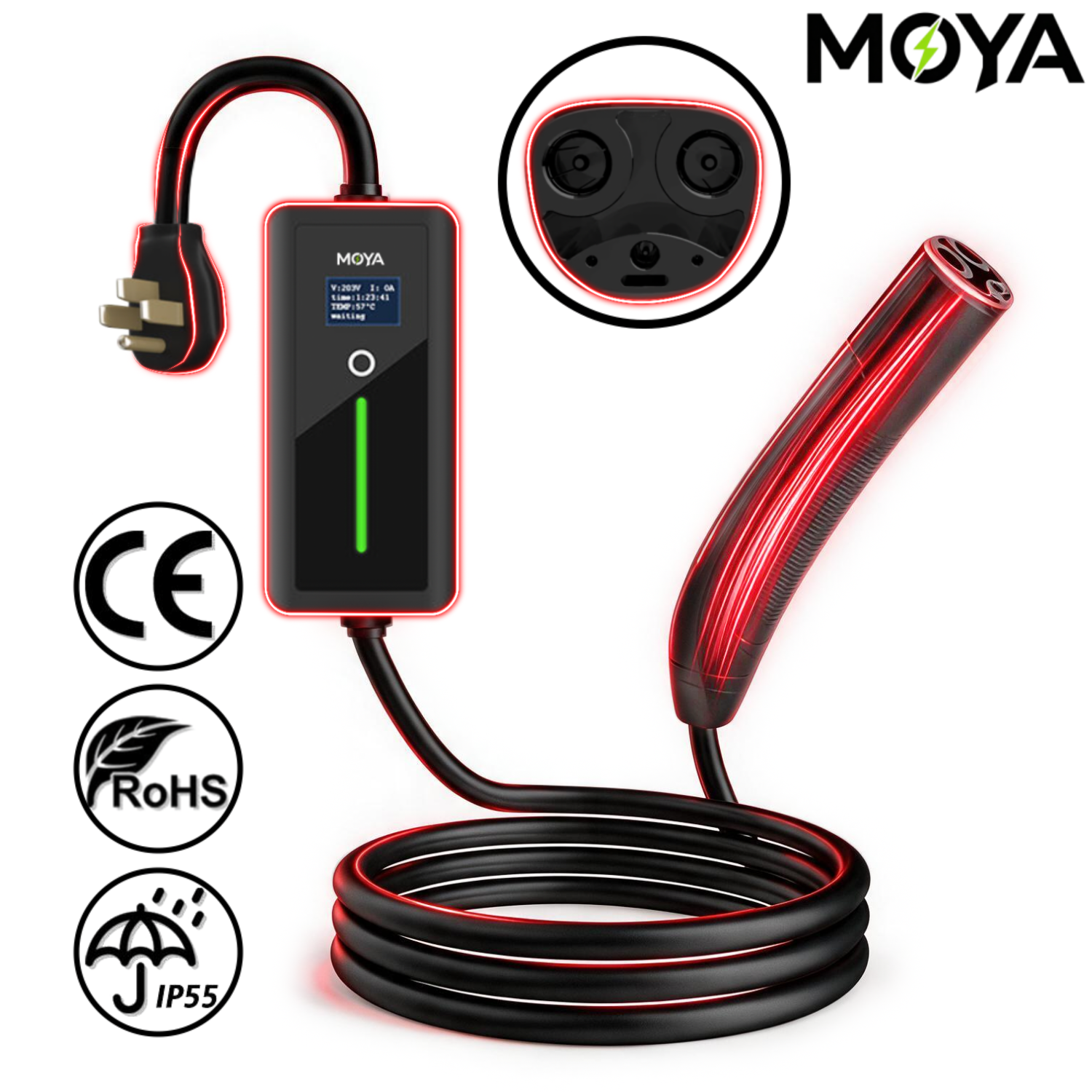 Portable Level 2 NACS EV Charger 32A 7.68kW, NEMA 14-50 Plug, 12H Delay Timer for Tesla, Ford, Rivian, GM