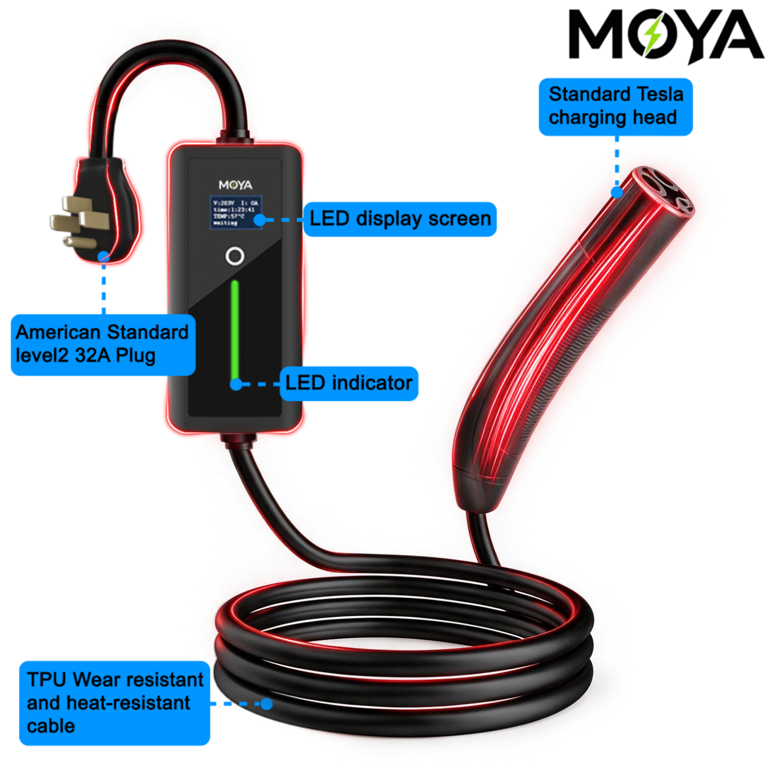 Portable Level 2 NACS EV Charger 32A 7.68kW, NEMA 14-50 Plug, 12H Delay Timer for Tesla, Ford, Rivian, GM