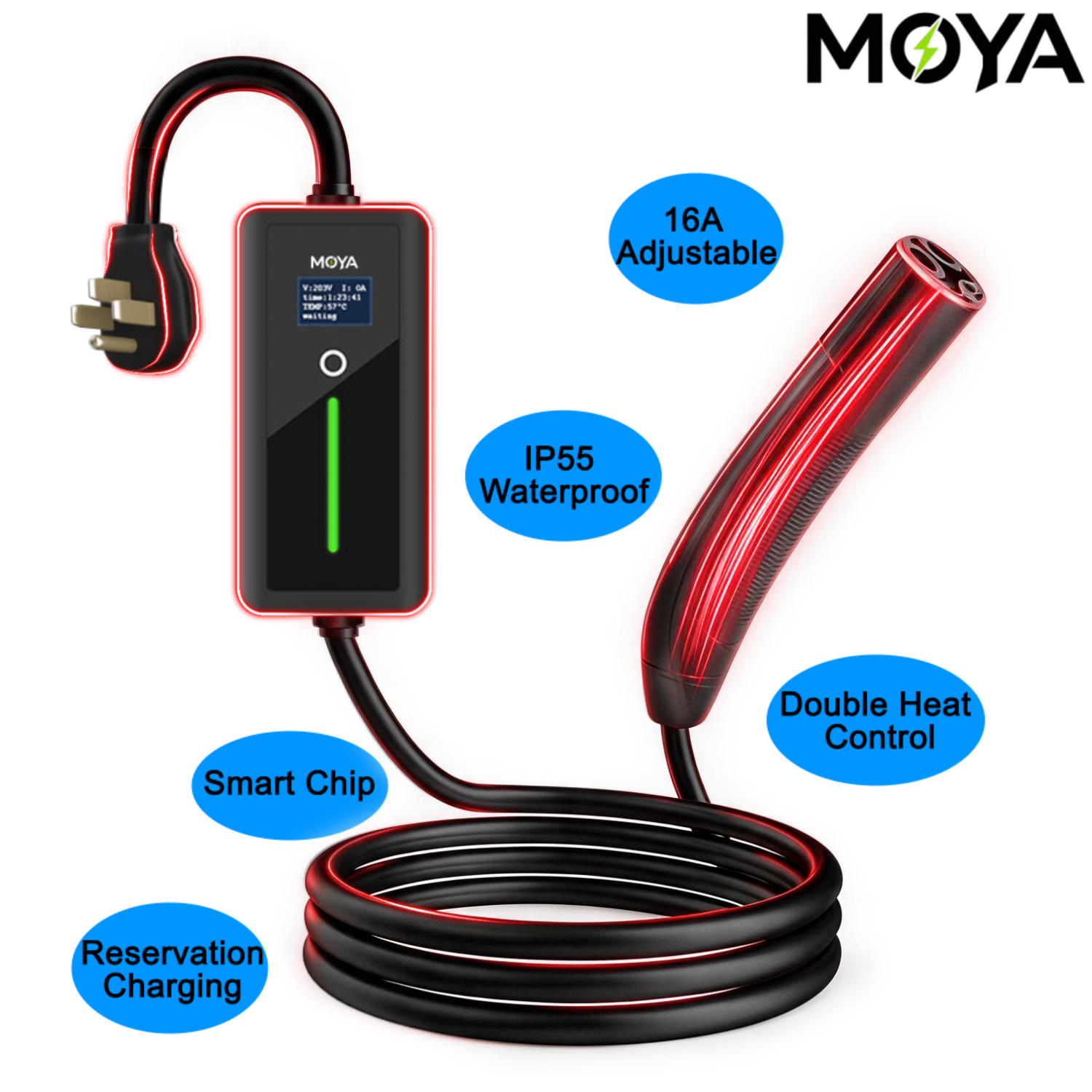 Portable Level 2 NACS EV Charger 32A 7.68kW, NEMA 14-50 Plug, 12H Delay Timer for Tesla, Ford, Rivian, GM