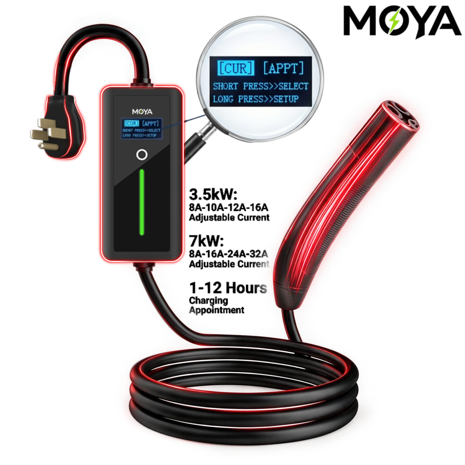 Portable Level 2 NACS EV Charger 32A 7.68kW, NEMA 14-50 Plug, 12H Delay Timer for Tesla, Ford, Rivian, GM