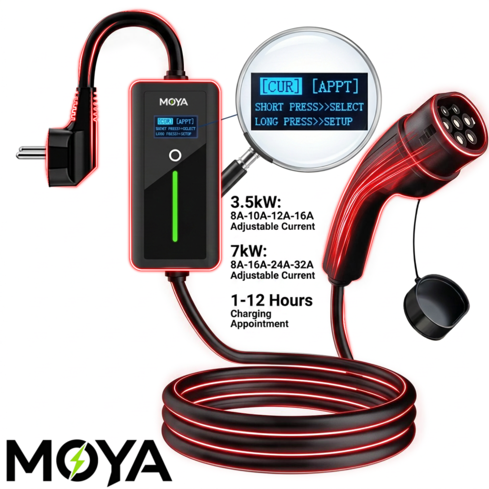Portable Type2 EV Charger, 16A 3.5kW, Schuko Type F Plug, 12H Delay Timer, IP66, for European EVs