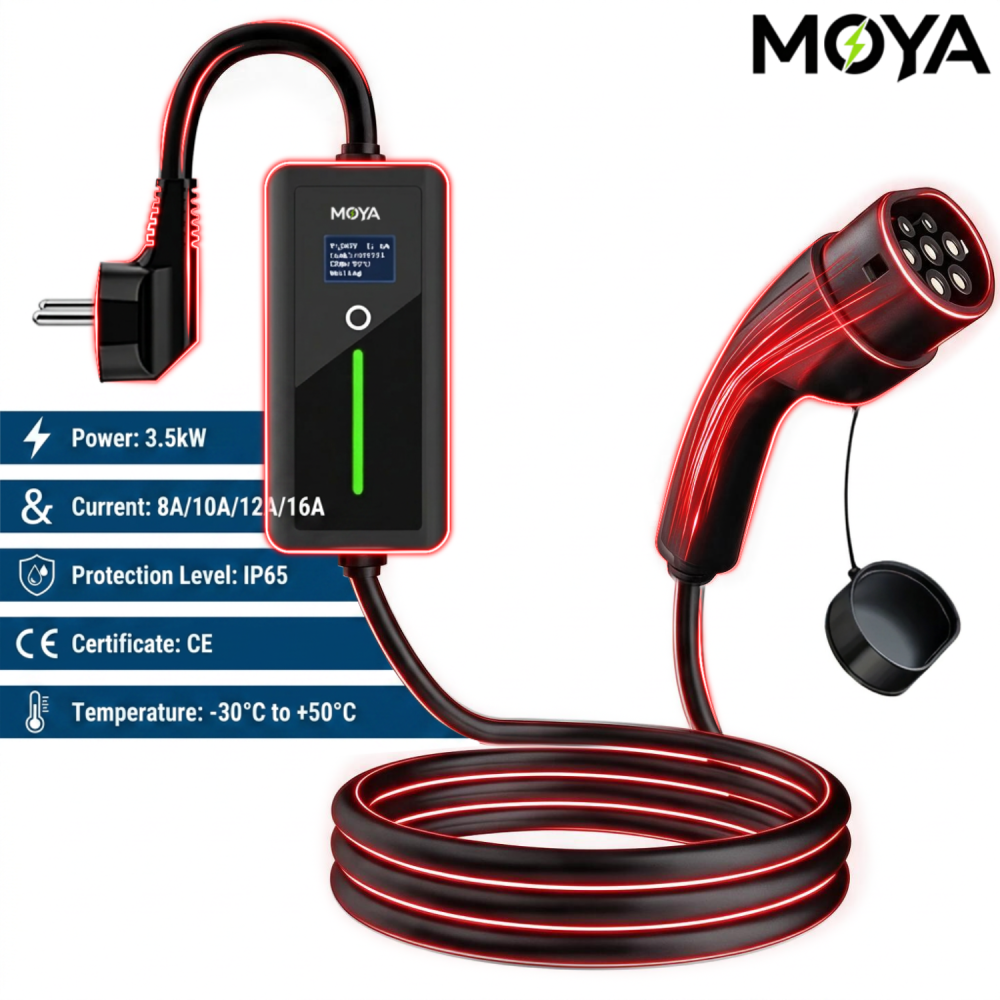Portable Type2 EV Charger, 16A 3.5kW, Schuko Type F Plug, 12H Delay Timer, IP66, for European EVs