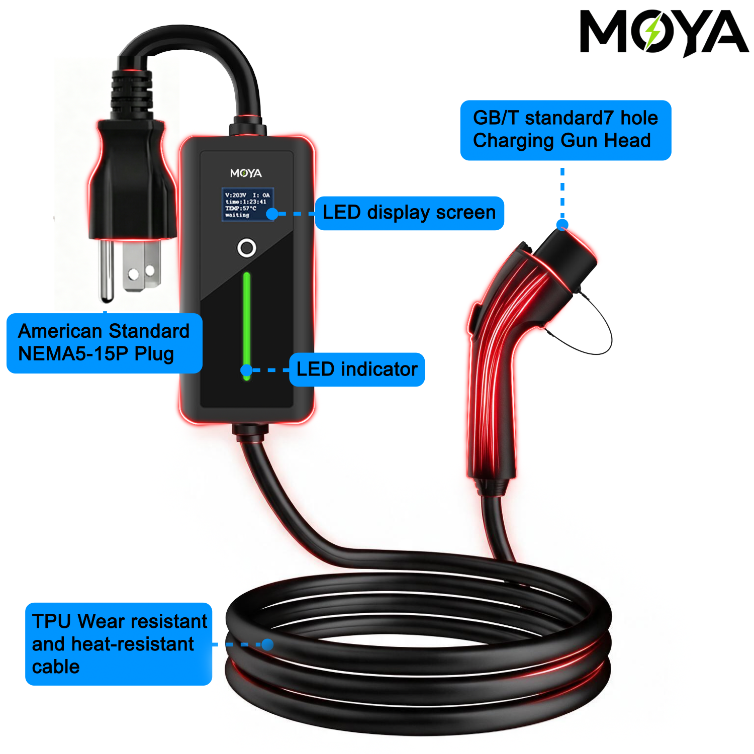 New Portable GBT EV Charger with NEMA 5-15 Plug 15A Adjustable Level 1 EVSE 3.5kW for Chinese Cars