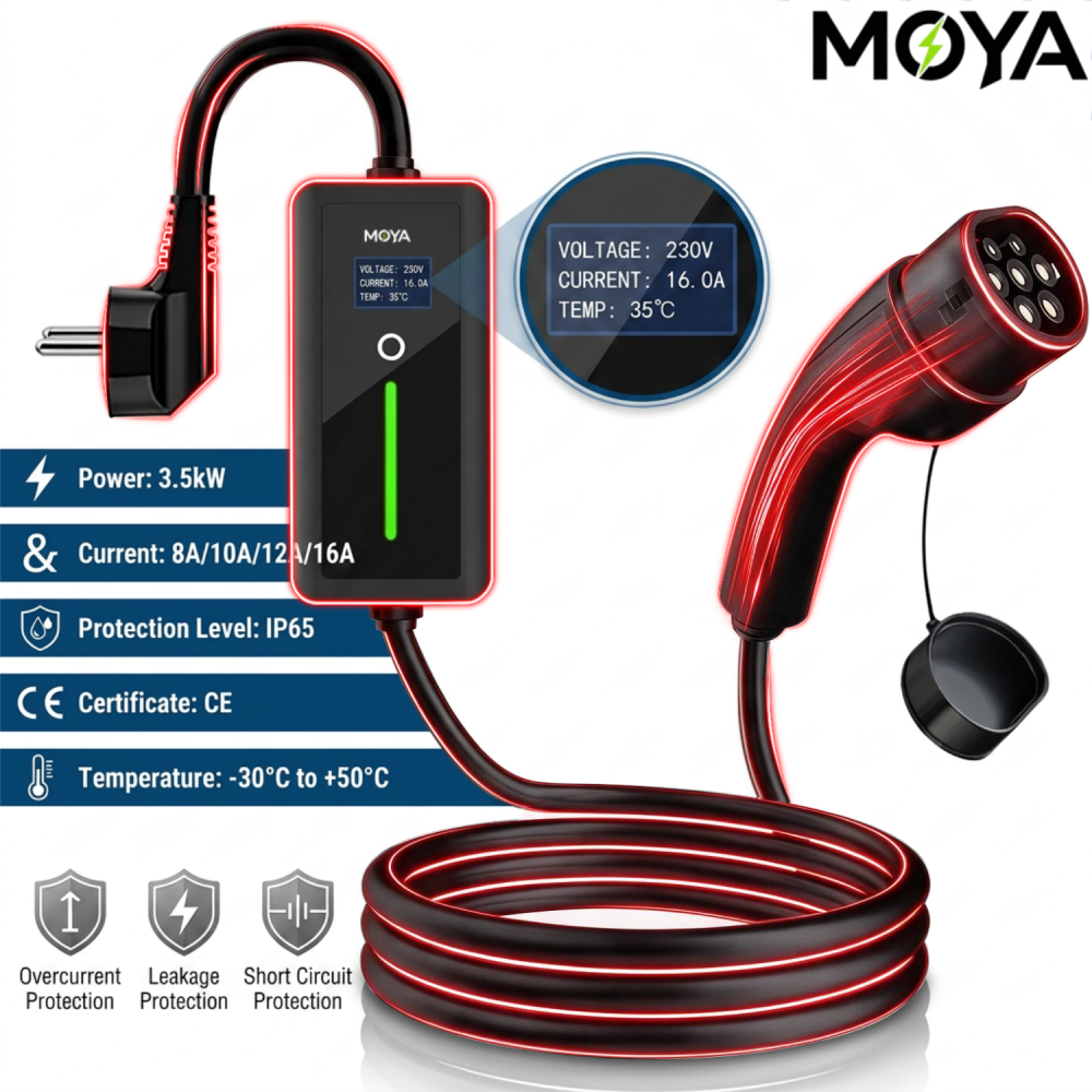 Portable Type2 EV Charger, 16A 3.5kW, Schuko Type F Plug, 12H Delay Timer, IP66, for European EVs