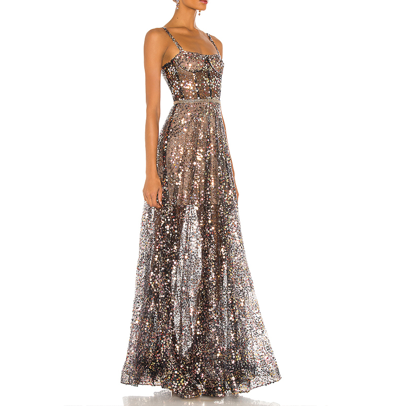 Sling Sequined Maxi Prom Dress