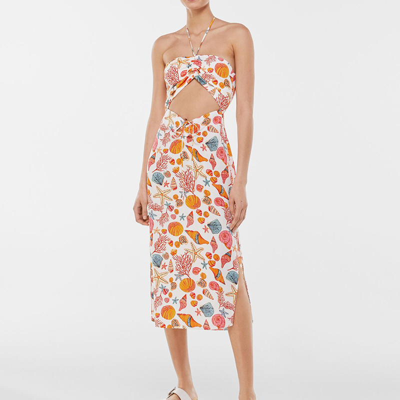 Printed hollow halterneck midi dress