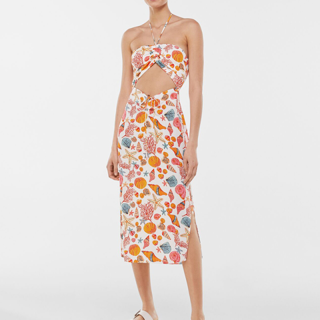 Printed hollow halterneck midi dress
