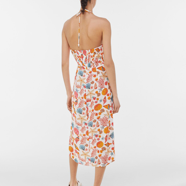 Printed hollow halterneck midi dress