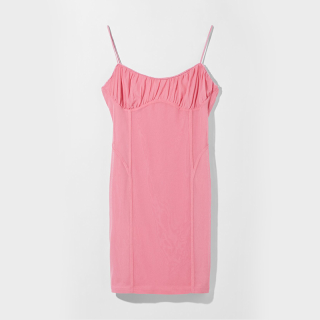 Lace-trimmed draped mesh dress