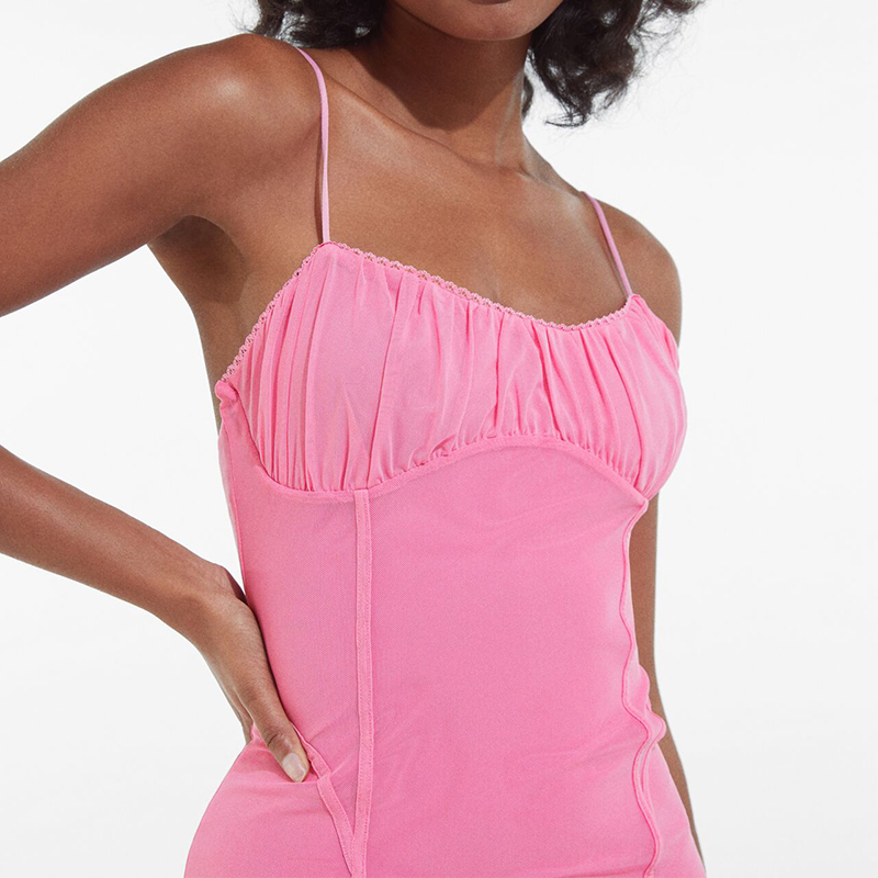 Lace-trimmed draped mesh dress