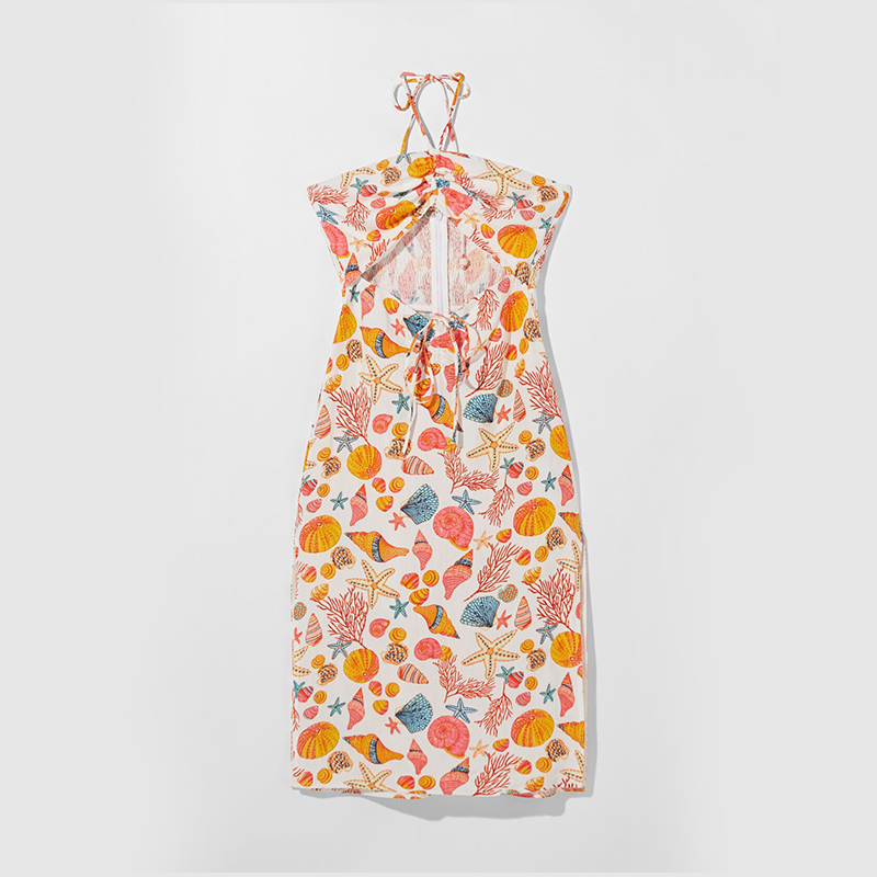 Printed hollow halterneck midi dress