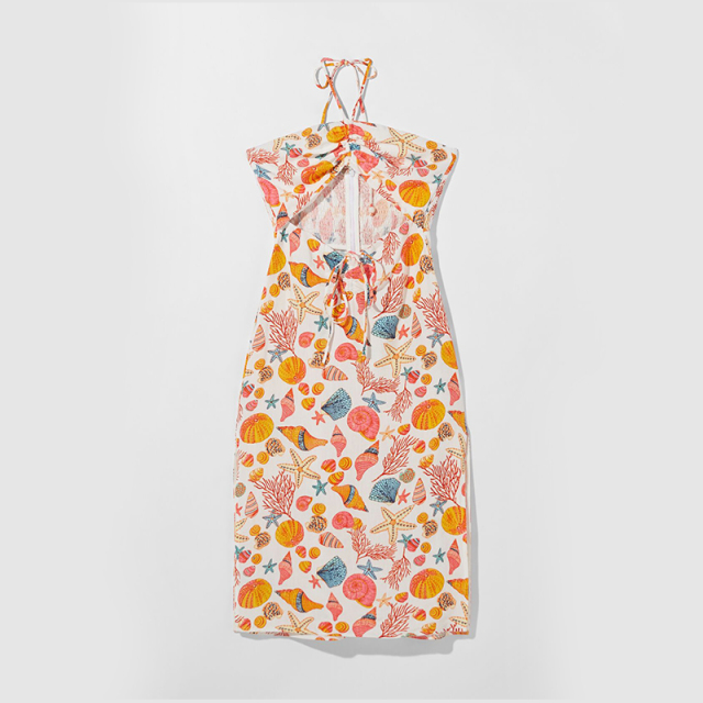 Printed hollow halterneck midi dress