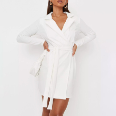 White basic jersey belted blazer dress