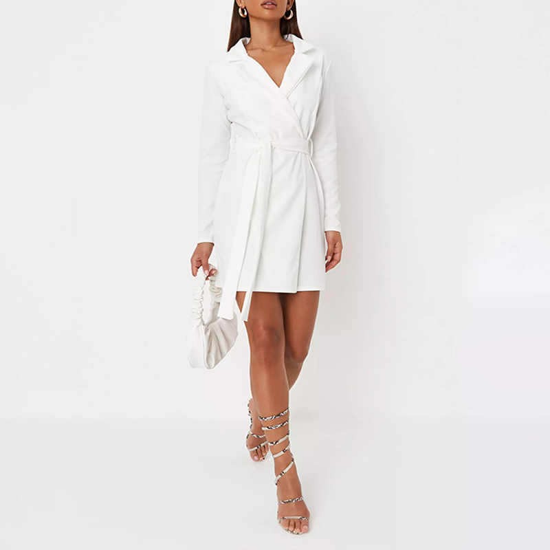 White basic jersey belted blazer dress