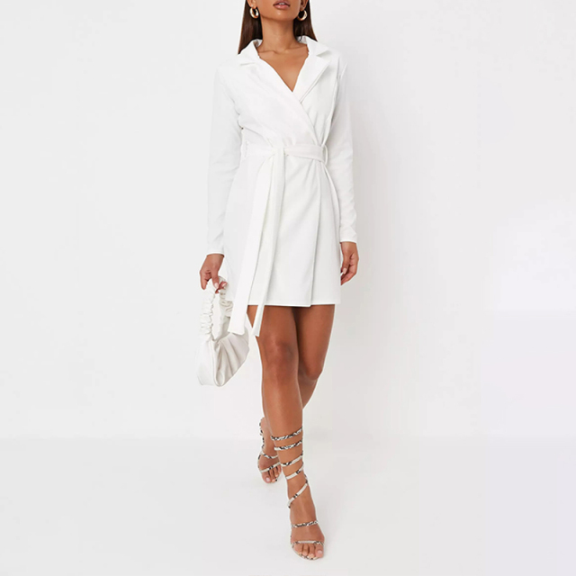 White basic jersey belted blazer dress
