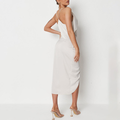 Cream satin drape asymmetric strap midi dress
