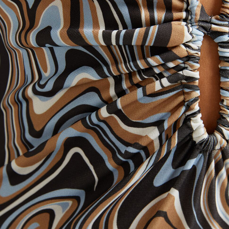 Gathered collar mid-length print long-sleeved dress