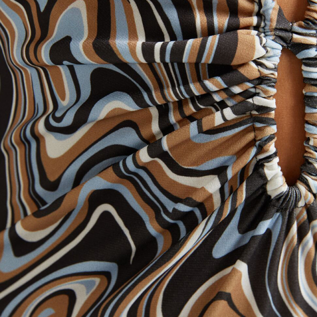 Gathered collar mid-length print long-sleeved dress