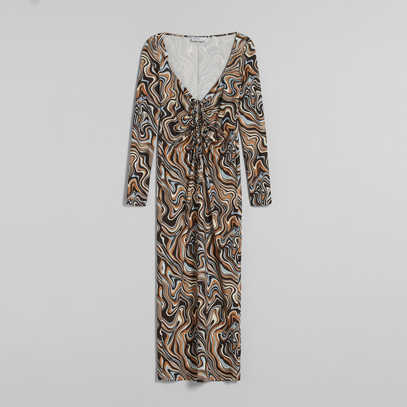 Gathered collar mid-length print long-sleeved dress
