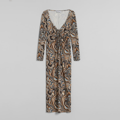 Gathered collar mid-length print long-sleeved dress